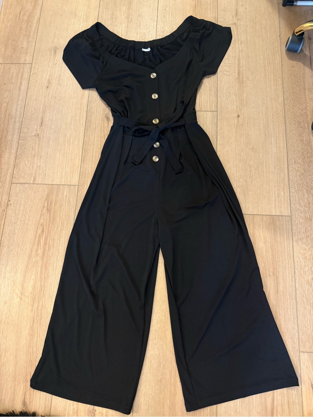LASCANA Black Wide Leg Jumpsuit Size 10 Button Front Tie Waist